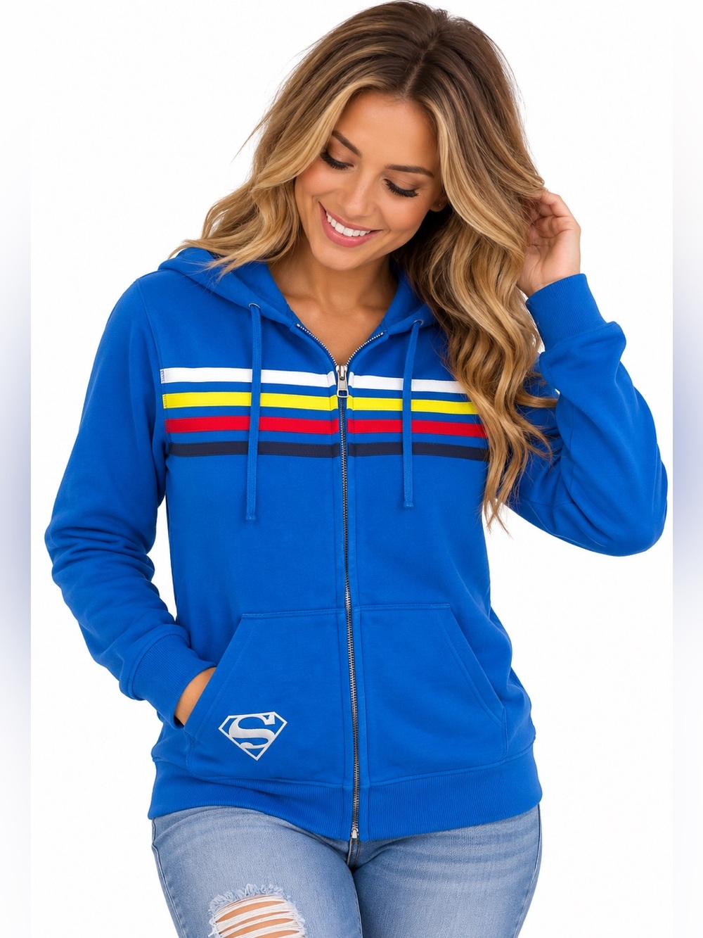 DC Comics Superman Warner Bros Studio Tour Blue Striped Full Zip Hoodie NWOT